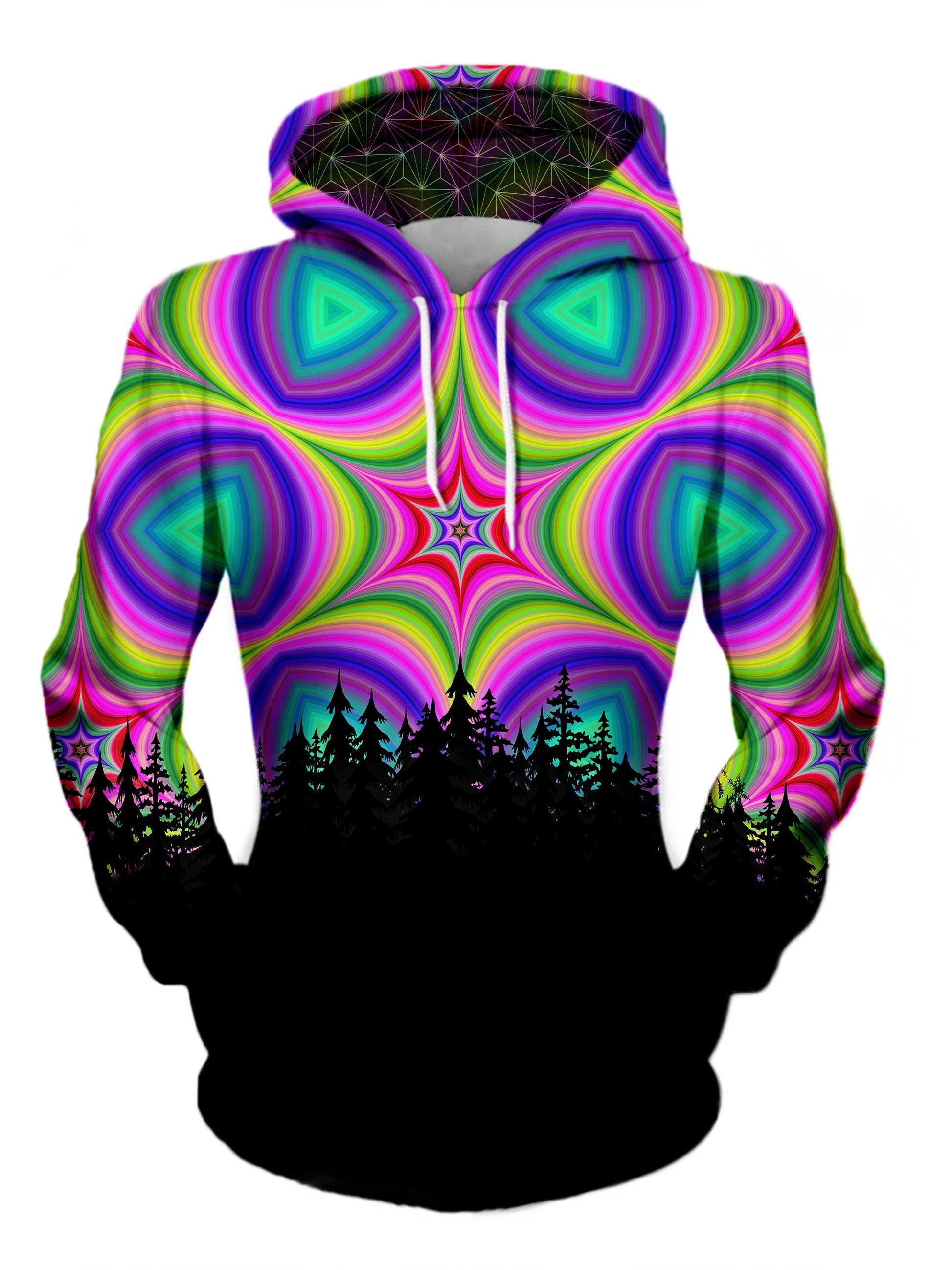Women's front view of trippy treeline pullover hoodie.