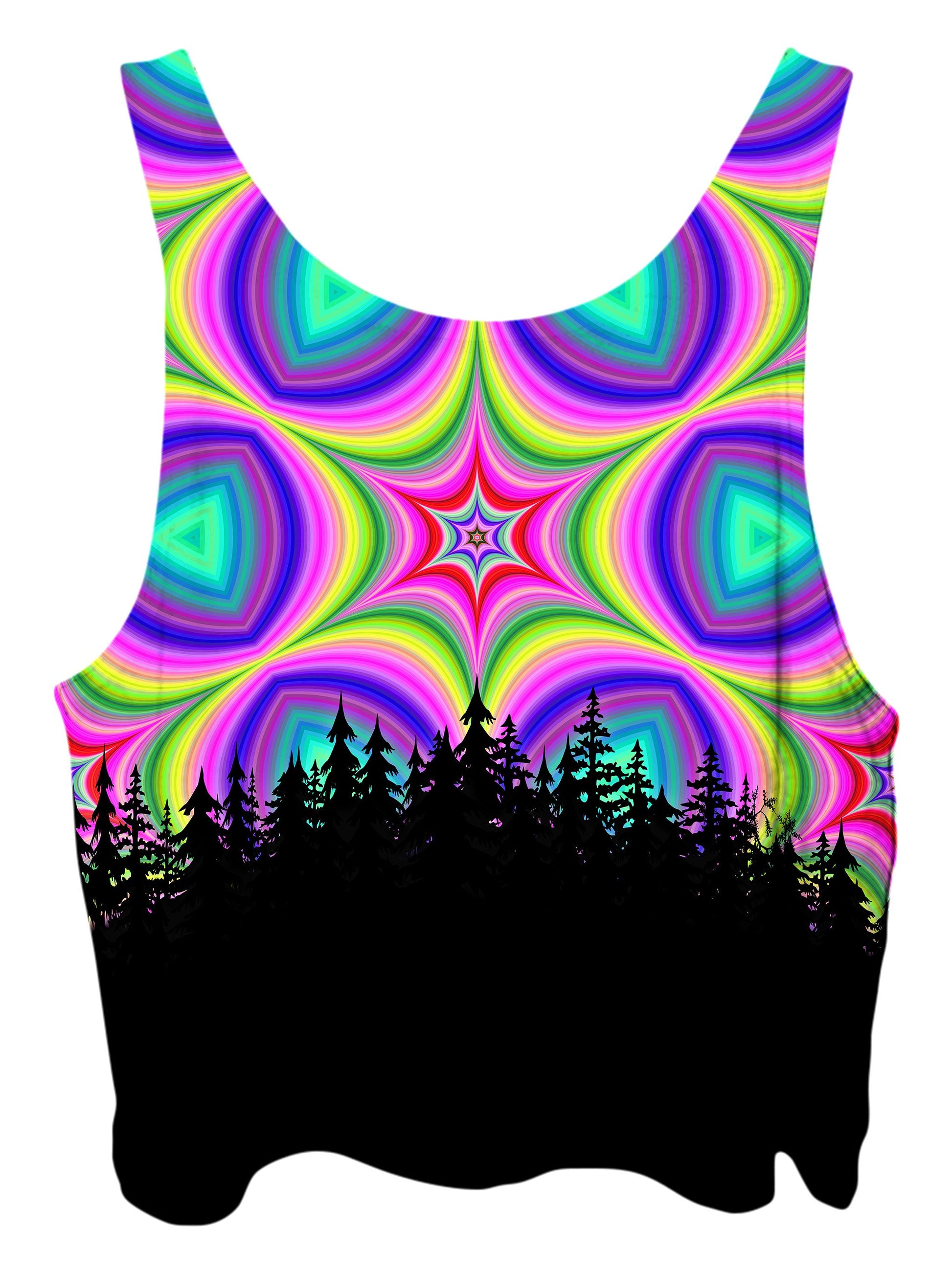 All over print psychedelic sacred geometry nature cropped top by Gratefully Dyed Apparel back view.