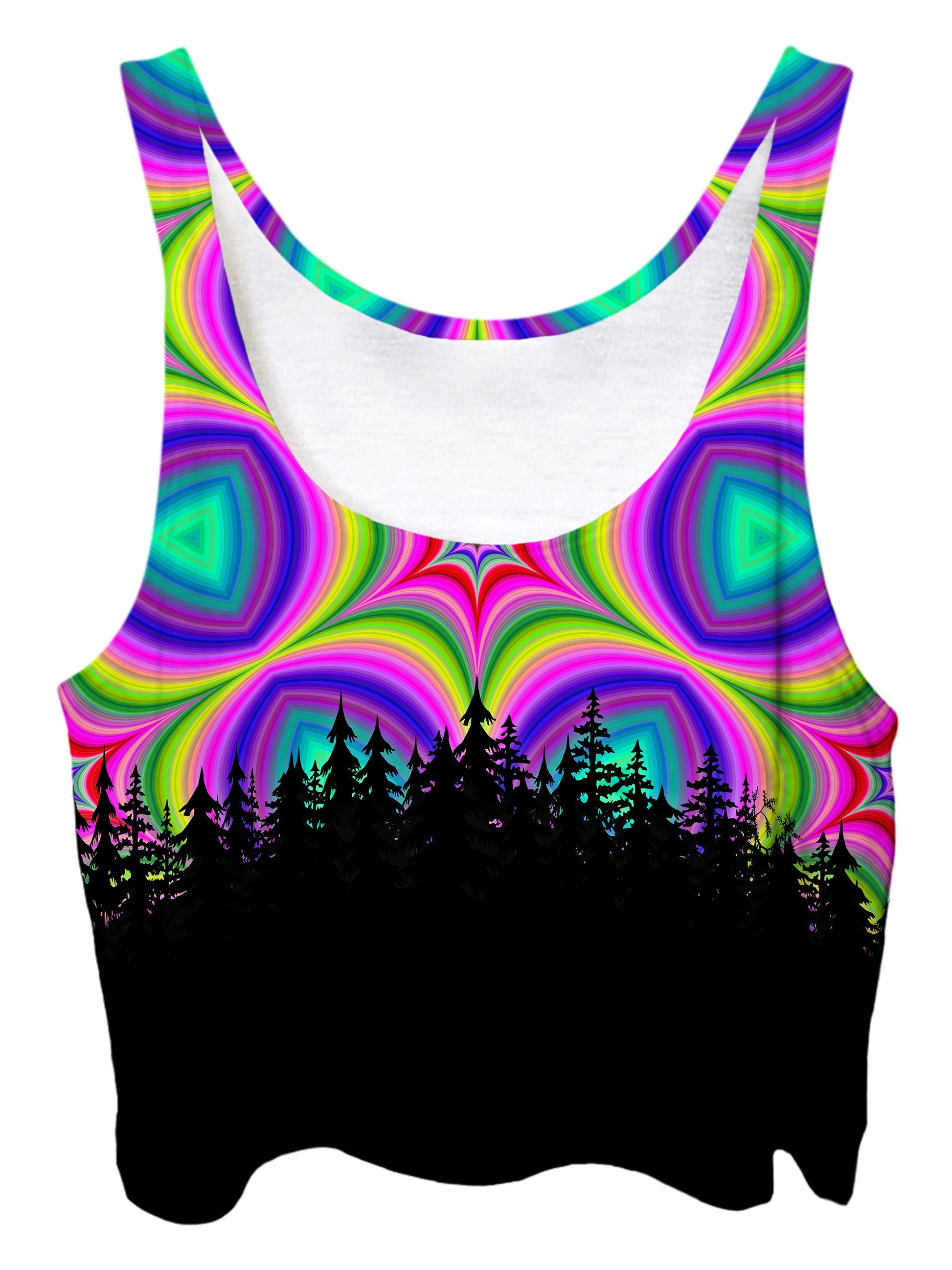 Trippy front view of GratefullyDyed Apparel rainbow & black star mandala forest crop top.