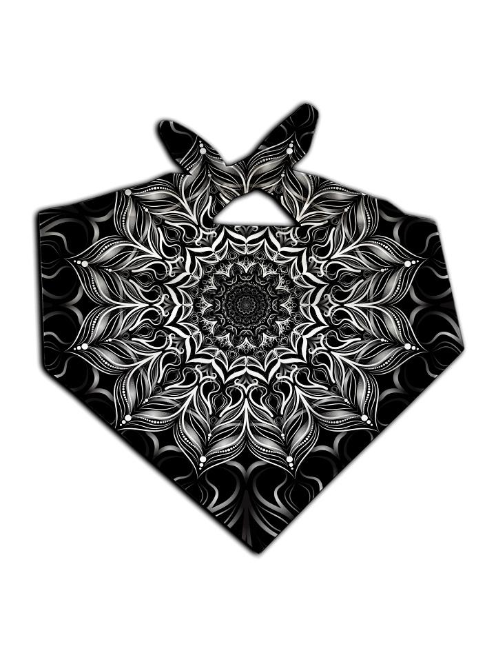 All over print black & white mandala bandana by GratefullyDyed Apparel tied neck scarf view.