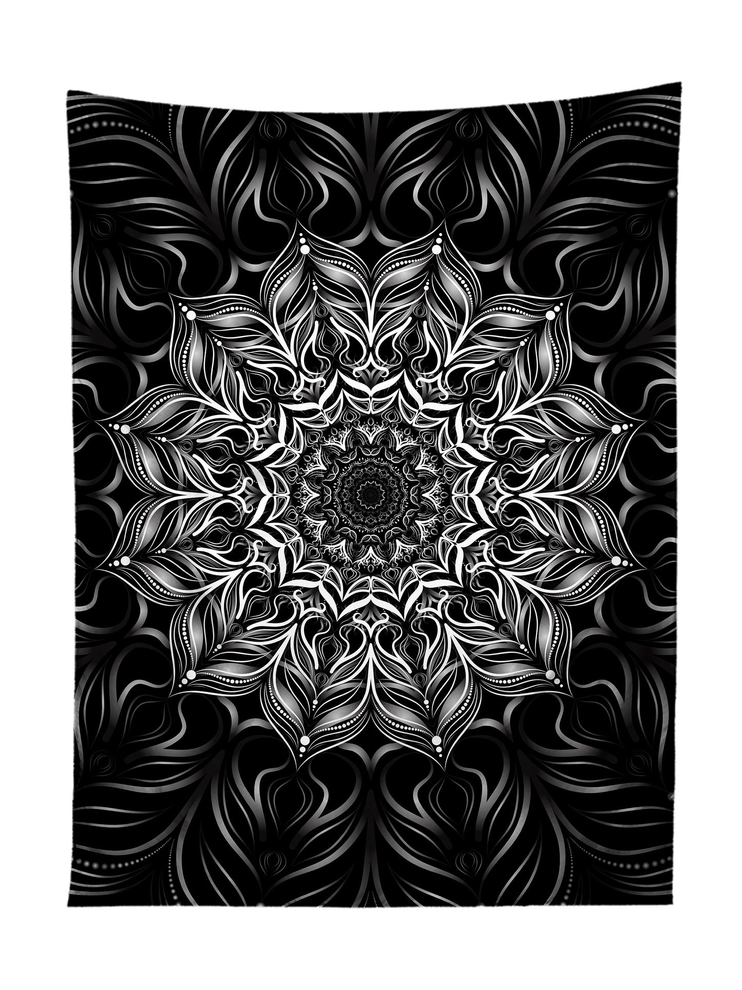 Vertical hanging view of all over print black & white mandala tapestry by GratefullyDyed Apparel.