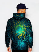 Model In Blue Green Trippy Space Swirls Pullover Hoodie Back View