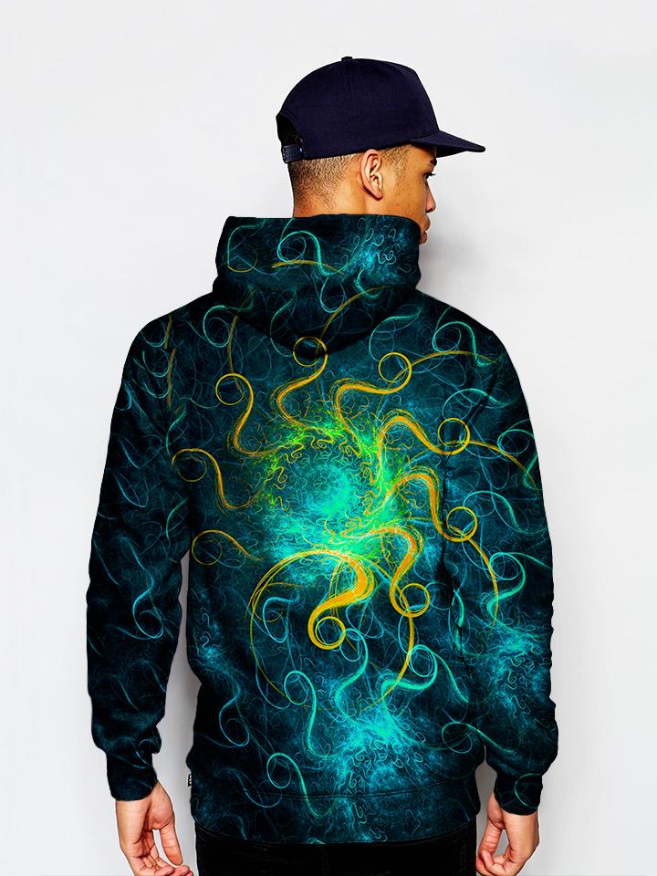 Model In Blue Green Trippy Space Swirls Pullover Hoodie Back View