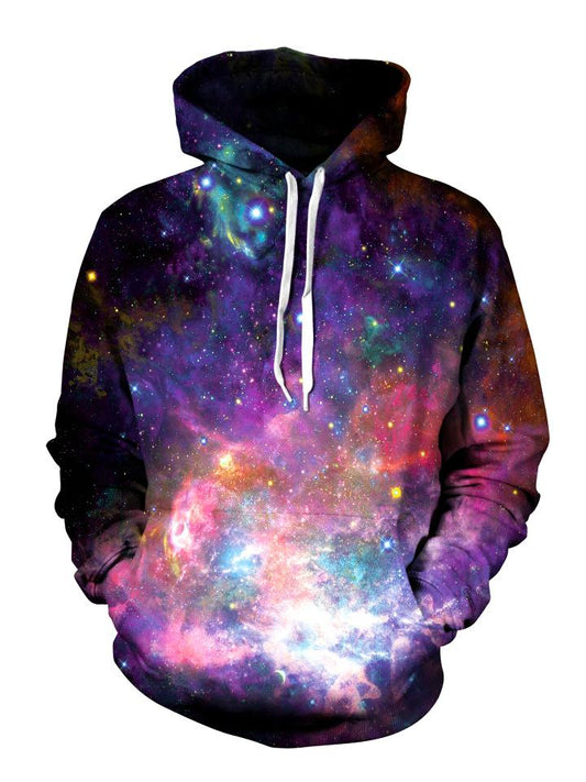 Pink And Purple Space on Black Pullover Hoodie Front View, With White Strings
