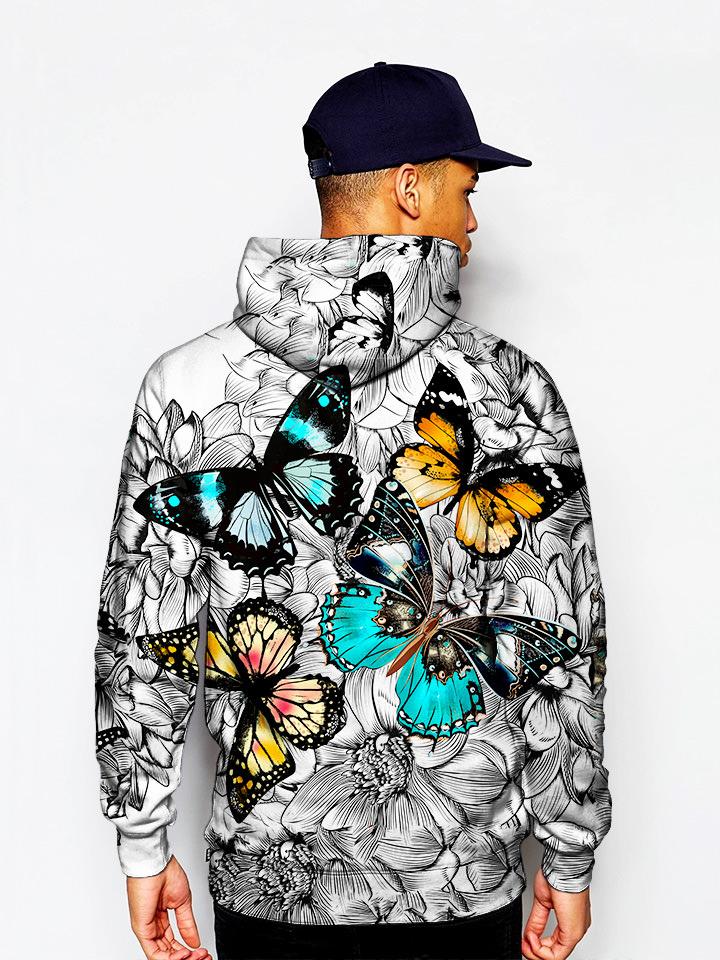Model In Trippy Colorful Butterfly Pullover Hoodie Back View