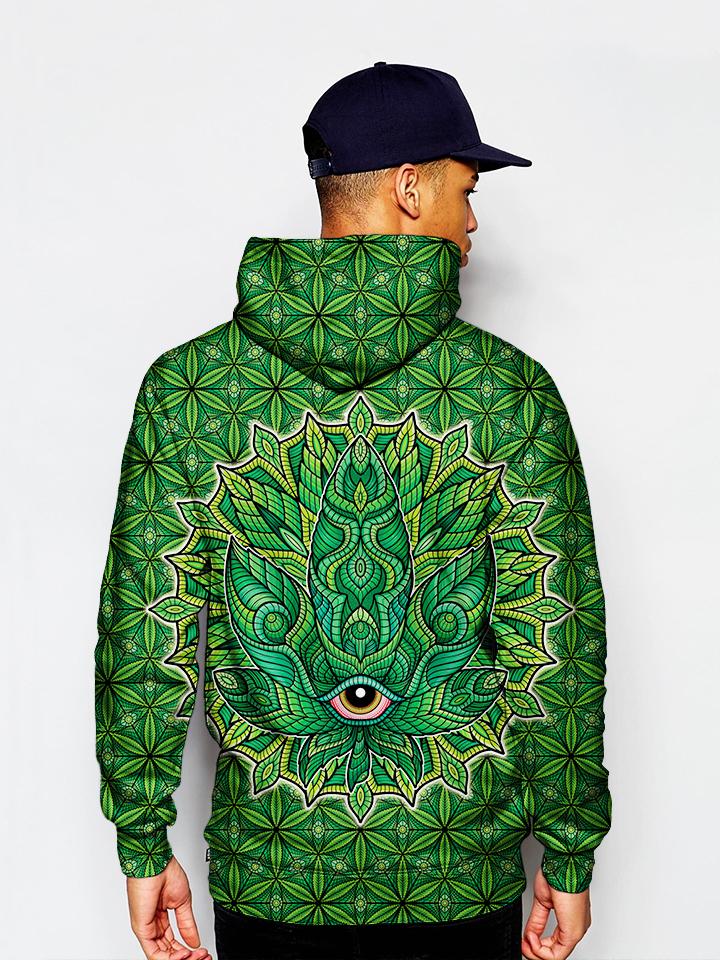Model In Psychedelic Green Leaf Pullover Hoodie Back View