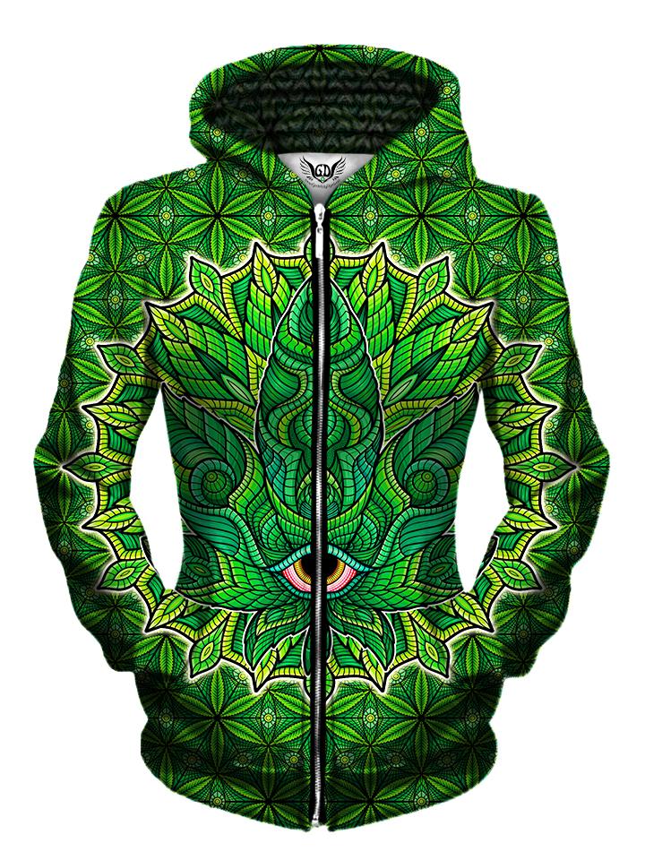 Green stoner leaf zip up hoodie all over print front view, womens