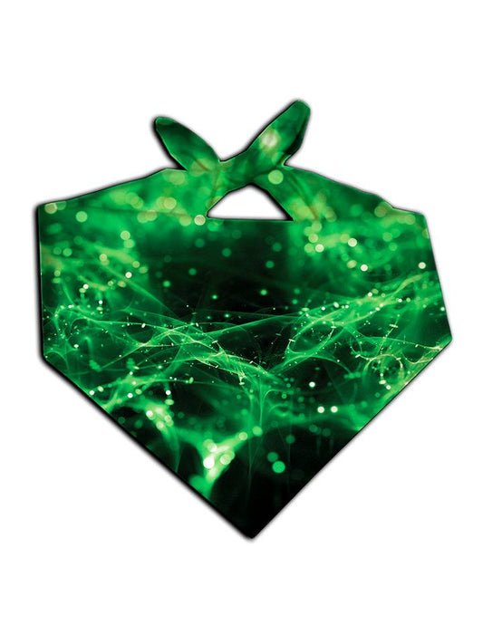 Sparkly green splatter on black bandana tied