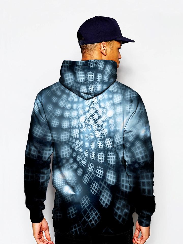 Model In Black and Blue Honeycombs Pullover Hoodie Back View