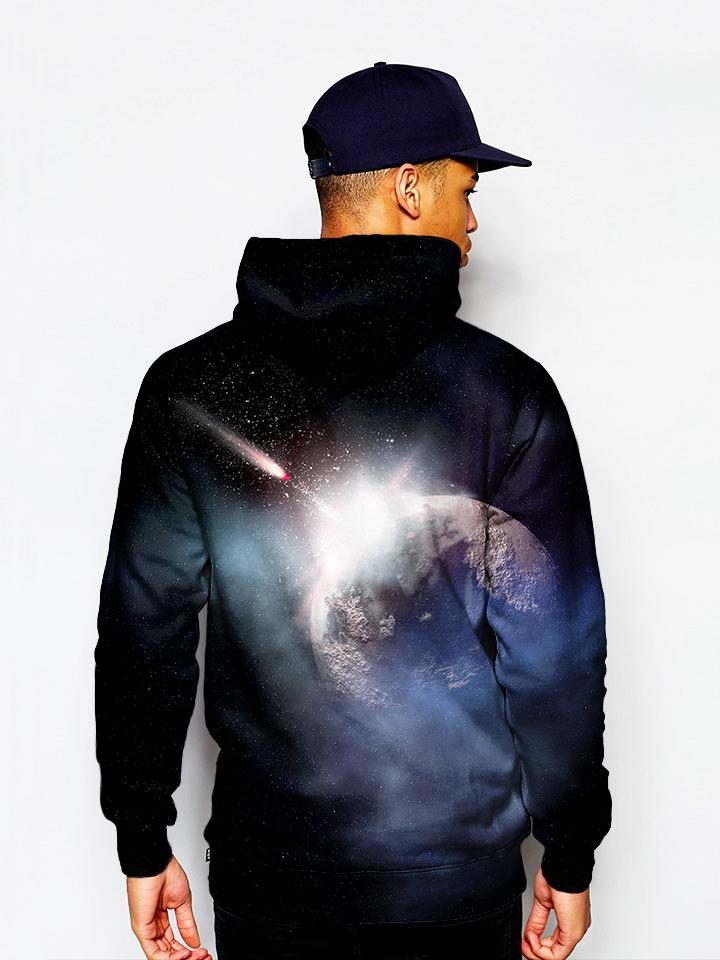 Model in meteor impact space pullover hoodie back view