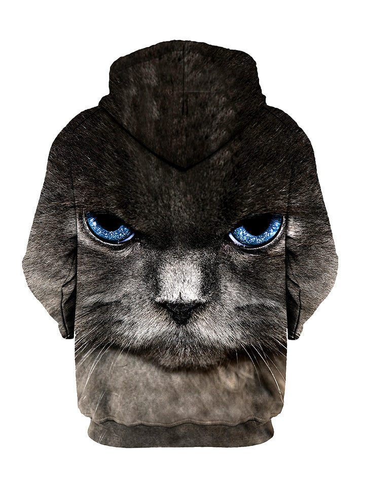 Up close blue cat eyes pullover hoodie back view