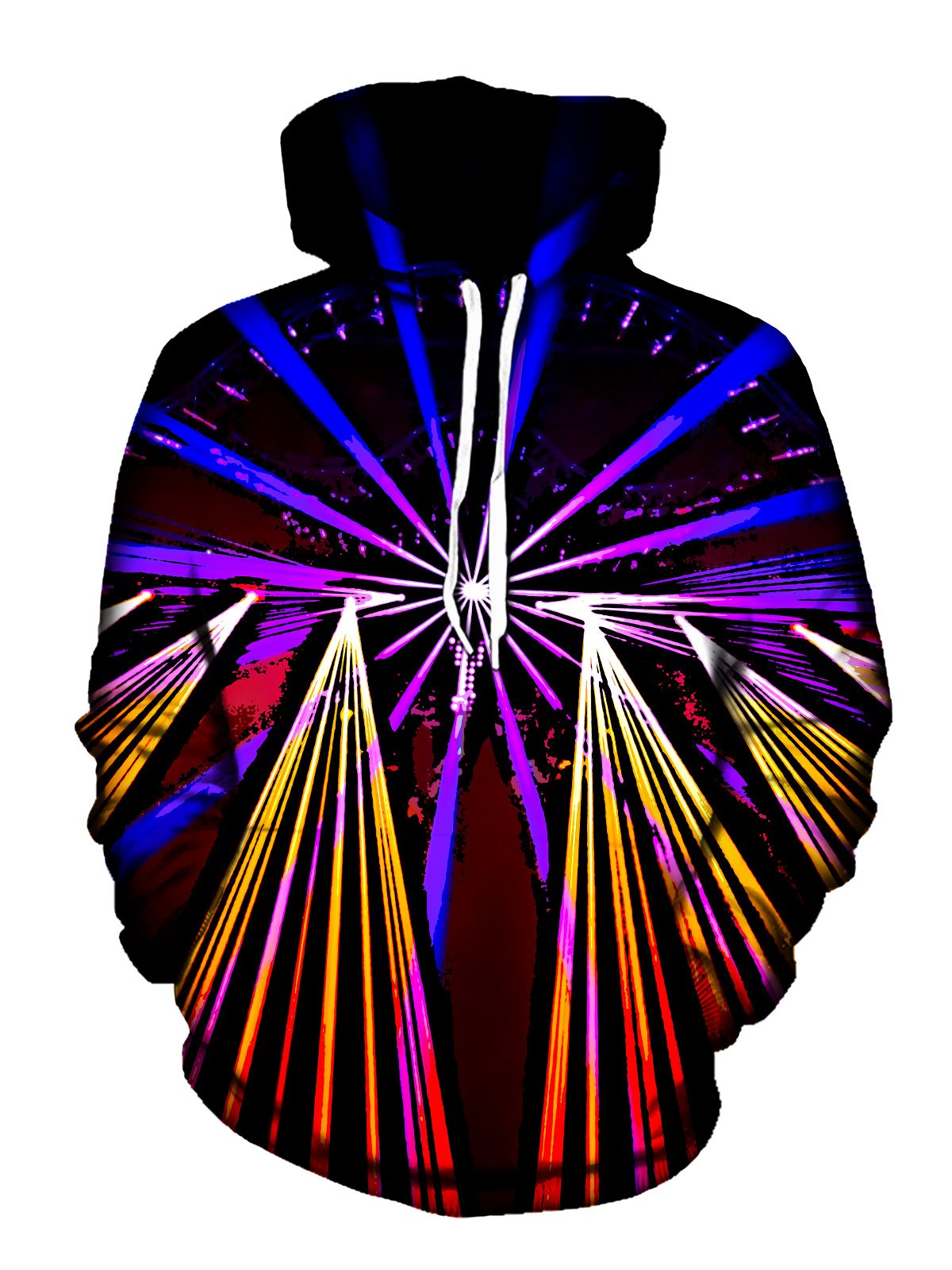 Neon Lights On Black Pullover Hoodie Front View With White Strings
