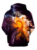 Orange and red swirl on black pullover hoodie back view