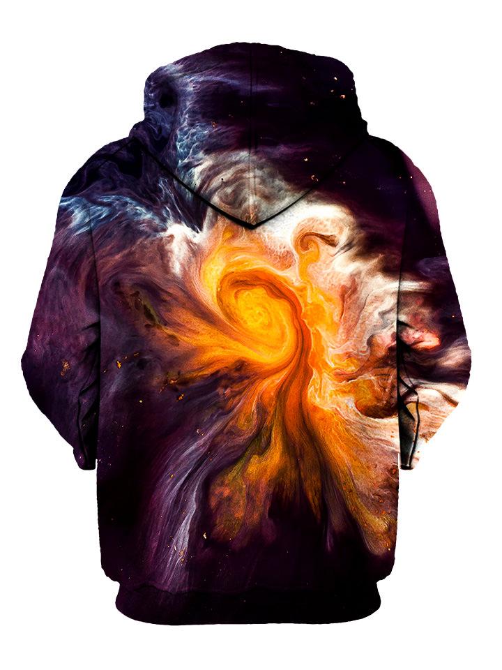 Orange and red swirl on black pullover hoodie back view