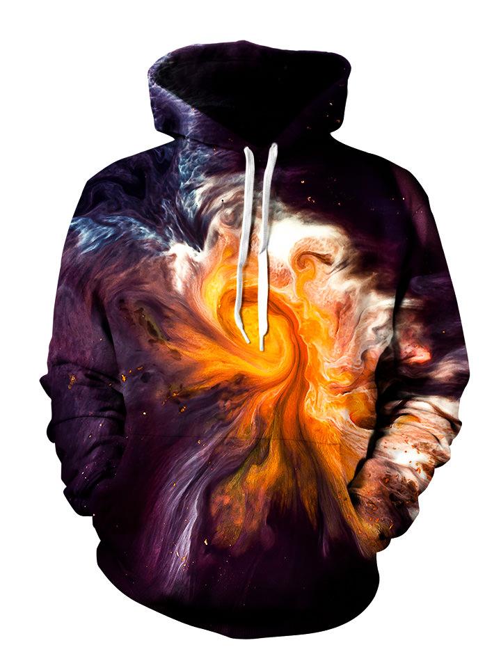 Orange and red swirl on black pullover hoodie front view
