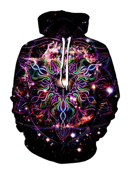 Trippy Hippie Colors And Black Pullover Hoodie Front View