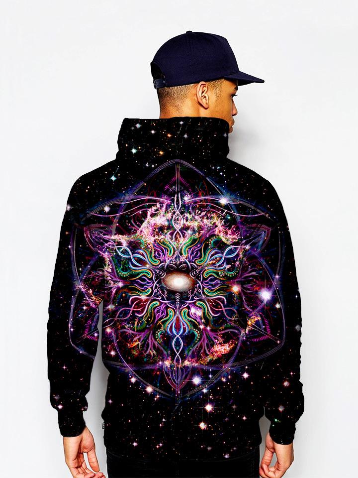 Model In Trippy Hippie Black And Colors Pullover Hoodie Back View