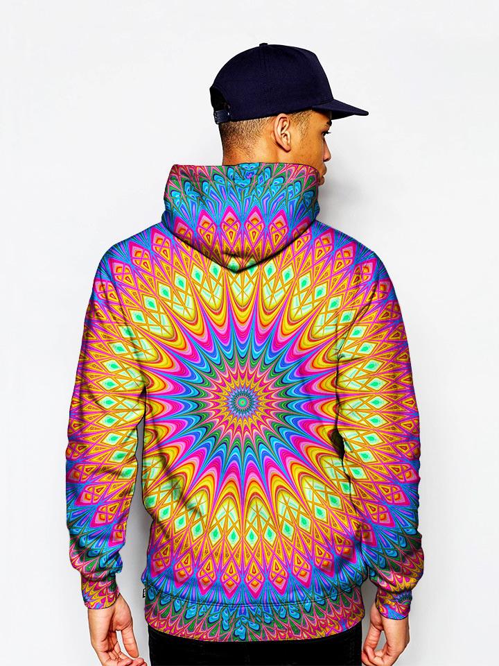 Model In Colorful Psychedelic Mandala Pullover Hoodie Back View