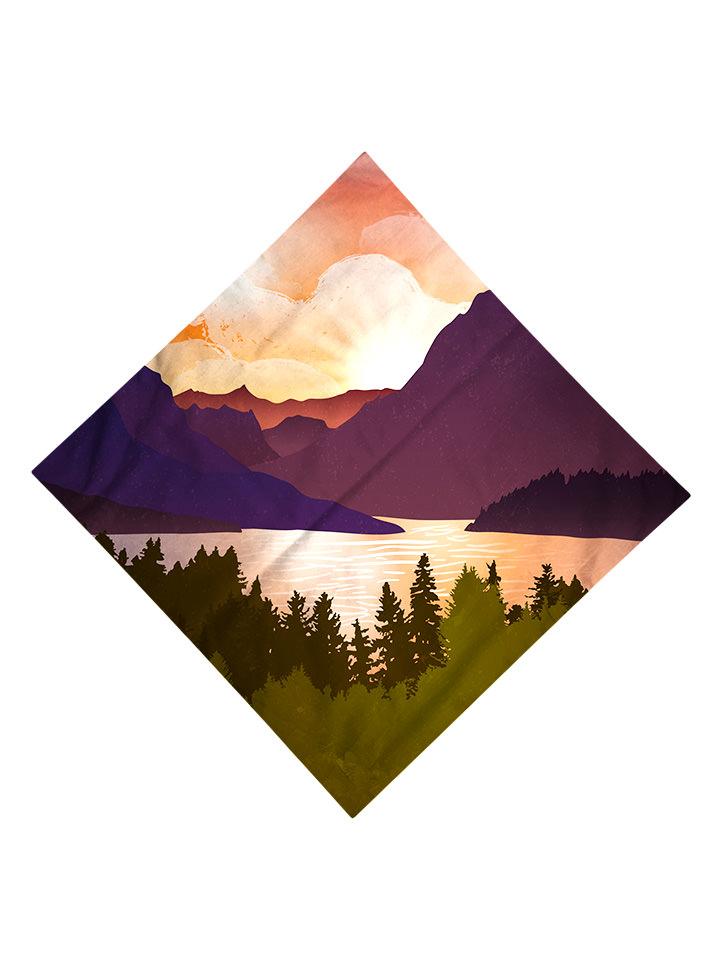 Sunsetting behind mountain landscape all over print bandana flat view