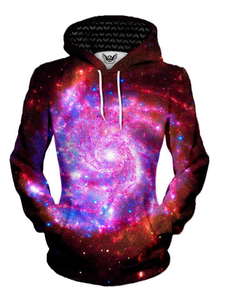 Womens Red And Pink Galaxy Swirls Pullover Hoodie Front View