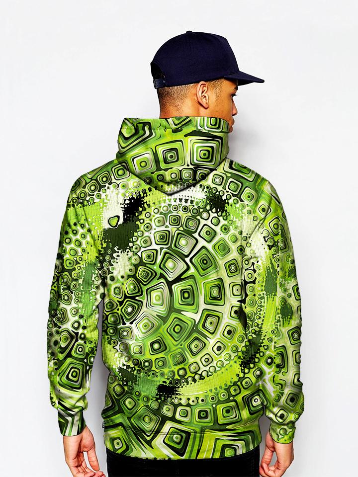 Model In Green And Black Psychedelic Print Pullover Hoodie Back View