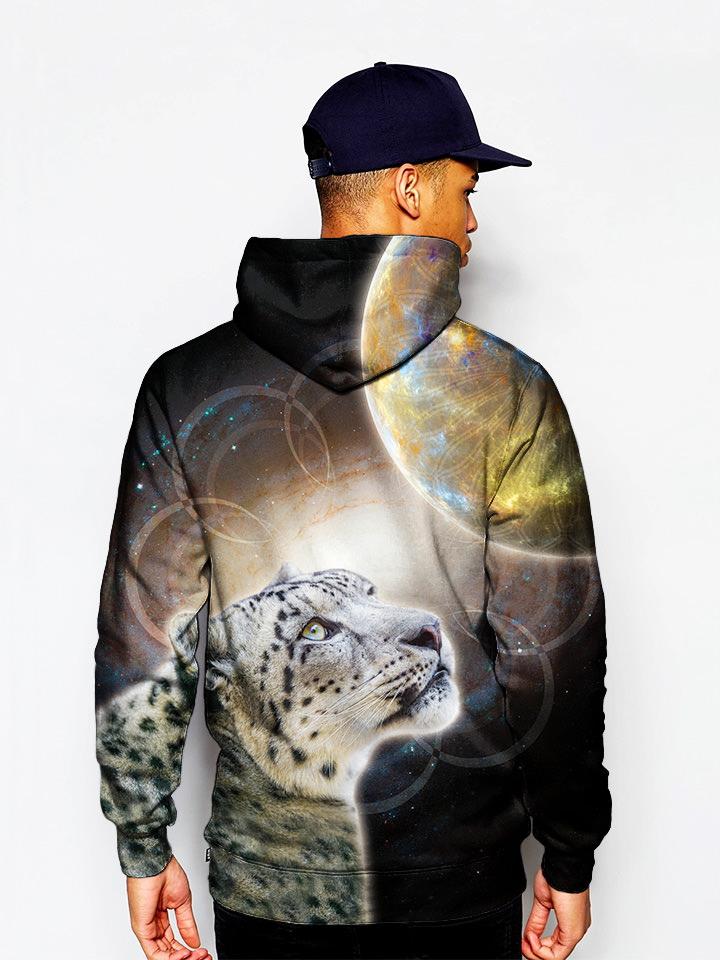 Model In Yellow Space Leopard Pullover Hoodie Back View