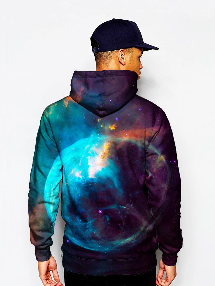 Model In Red And Blue Trippy Space Pullover Hoodie Back View