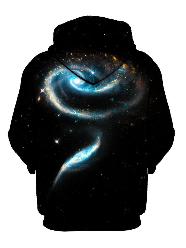 Black pullover with light blue galaxy swirl print back view