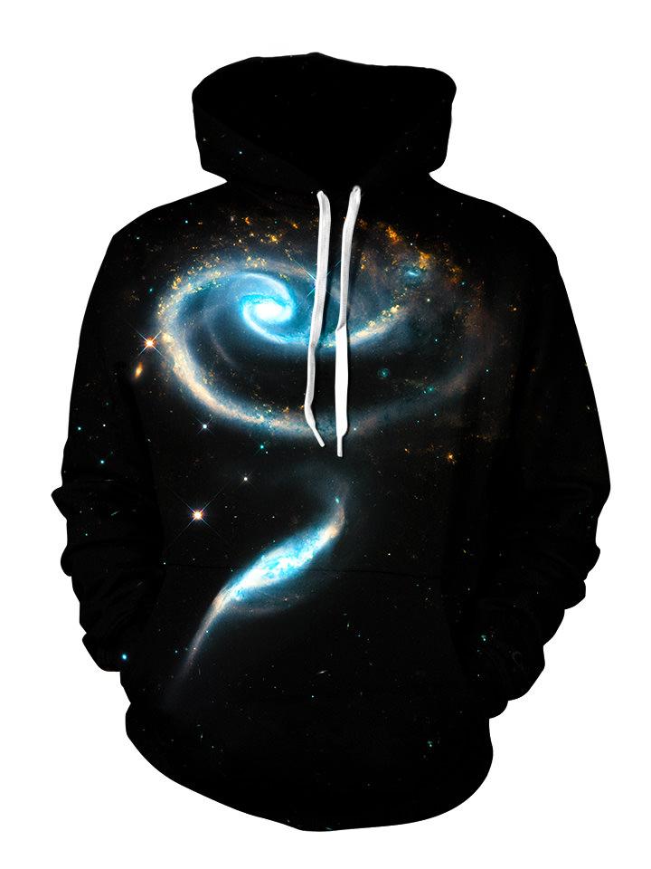 Black pullover with light blue galaxy swirl print front view