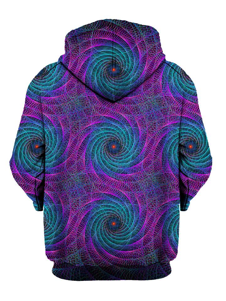 Psychedelic purple and blue swirls print pullover hoodie back view