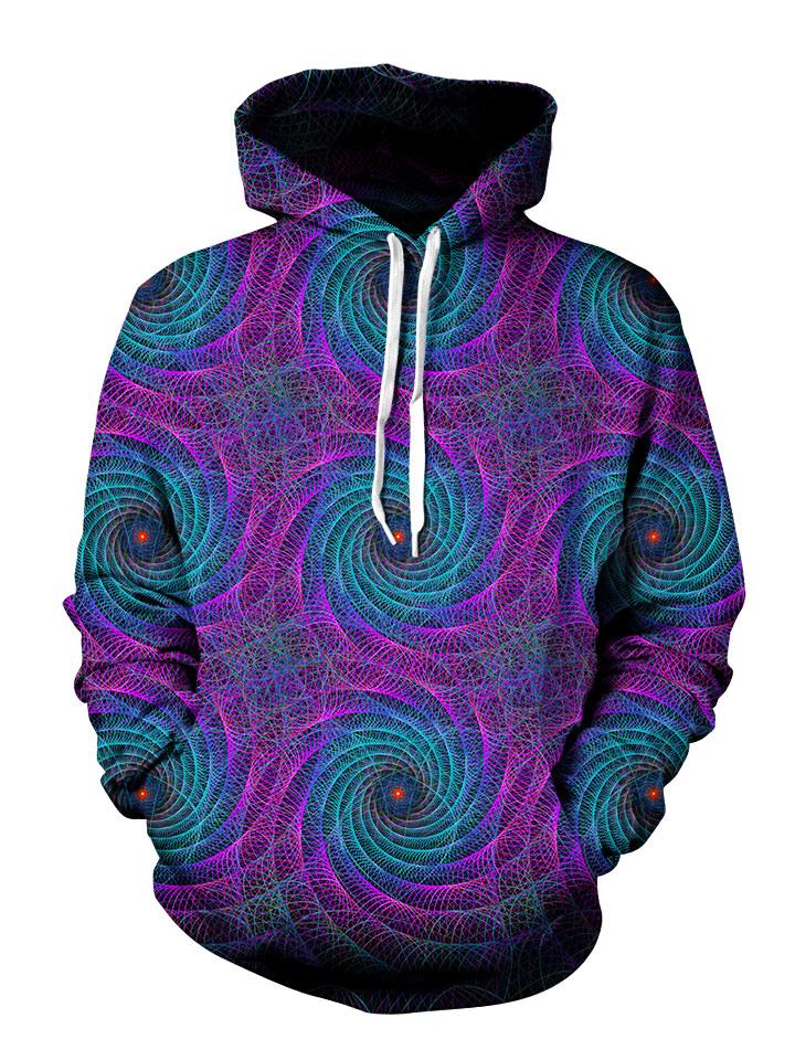 Psychedelic purple and blue swirls all over print pullover hoodie, front view with white strings