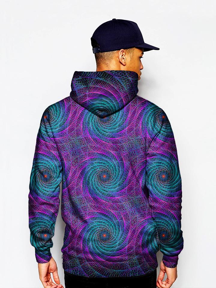 Model in psychedelic purple and blue swirls print pullover hoodie back view
