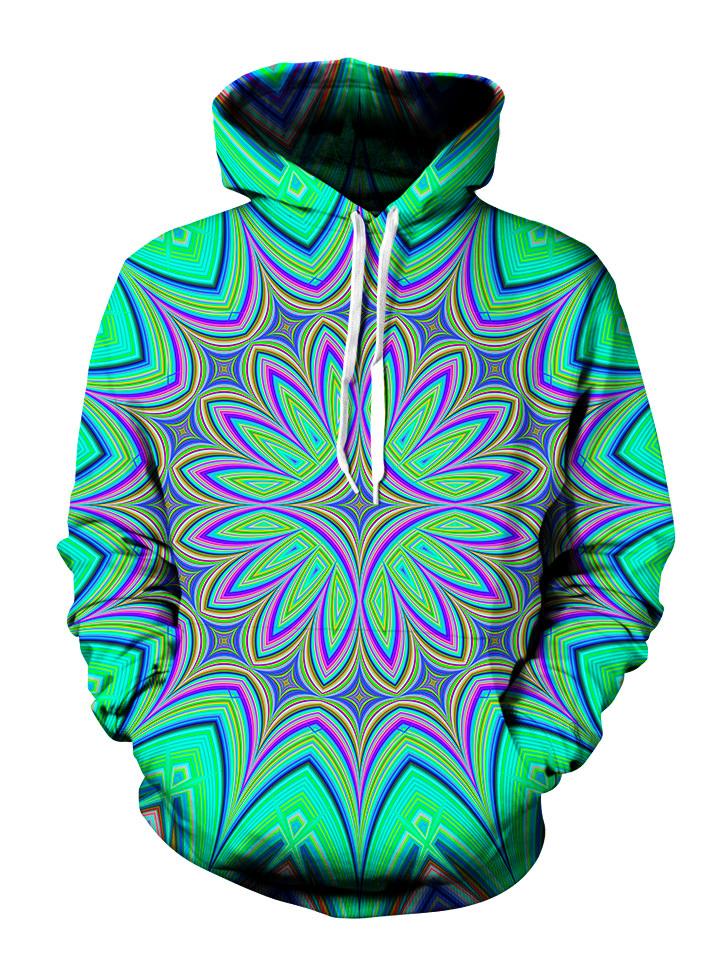 Trippy Green And Purple Flower Pullover Hoodie Front View