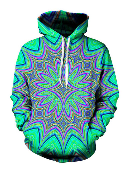 Trippy Green And Purple Flower Pullover Hoodie Front View