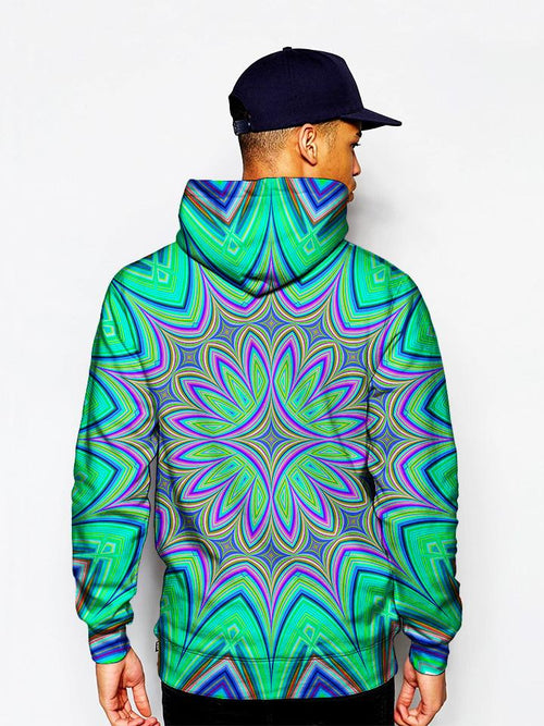 Model In Green And Purple Flower Pullover Hoodie Back View