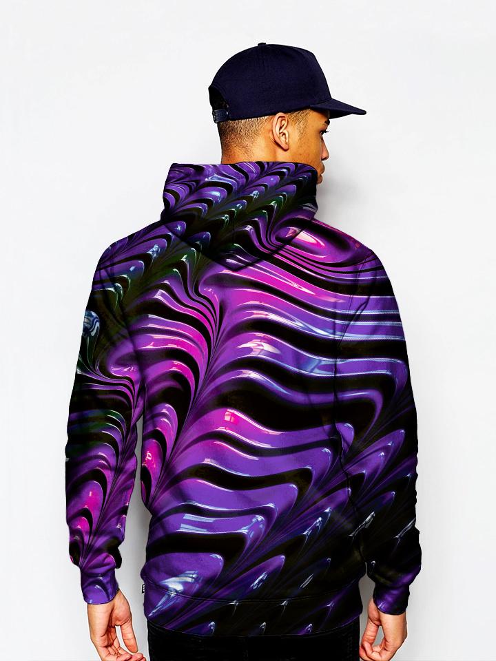 Model In Psychedelic Pink And Purple Pullover Hoodie Back View