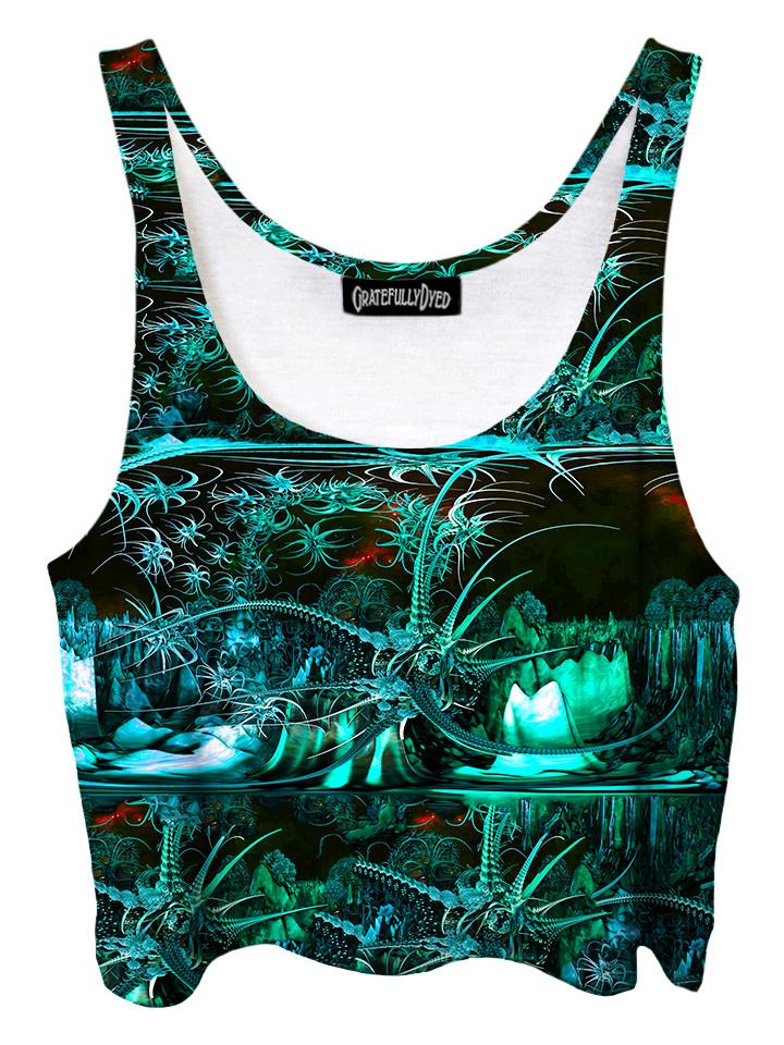 Trippy front view of GratefullyDyed Apparel black & green alien galaxy crop top.