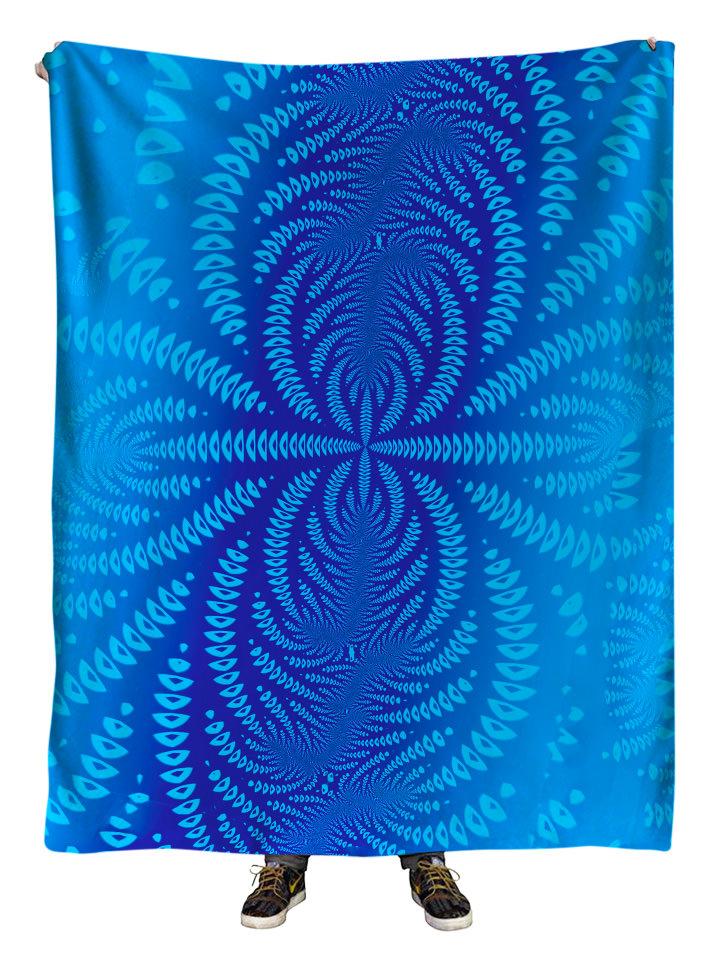 Hanging view of all over print blue sound wave mandala blanket by GratefullyDyed Apparel.
