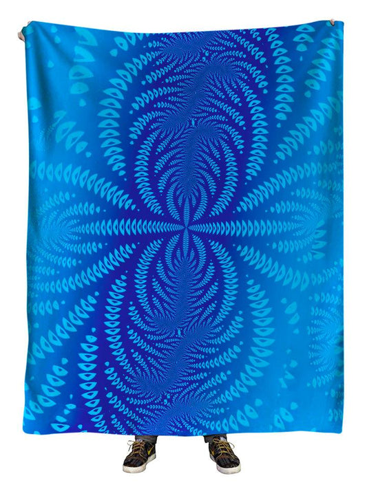 Hanging view of all over print blue sound wave mandala blanket by GratefullyDyed Apparel.