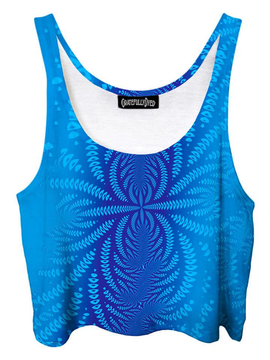 Trippy front view of GratefullyDyed Apparel blue sound wave fractal crop top.