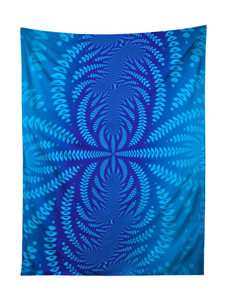 Vertical hanging view of all over print blue sound wave mandala tapestry by GratefullyDyed Apparel.