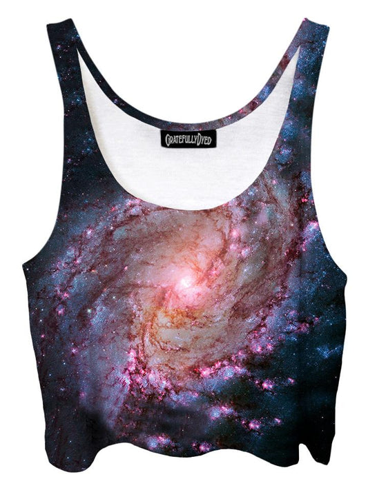 Trippy front view of GratefullyDyed Apparel pink & black spiral galaxy crop top.