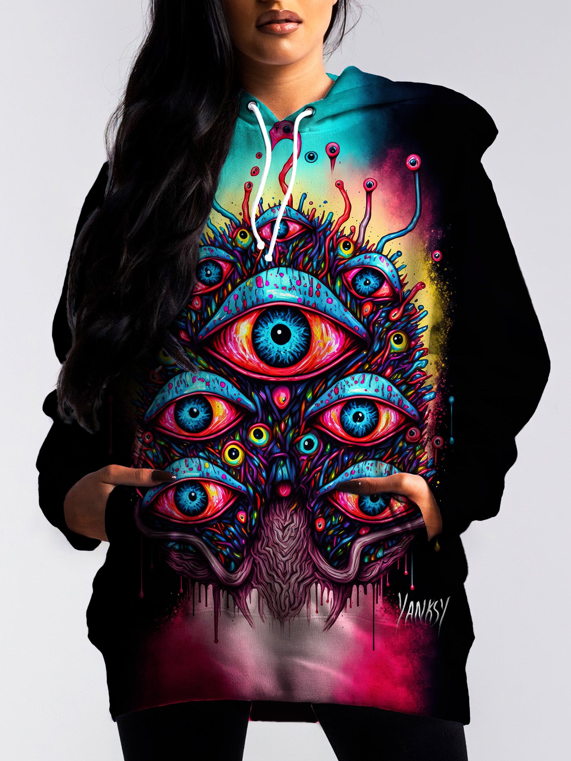 turn heads with this bright and colorful trippy pullover hoodie