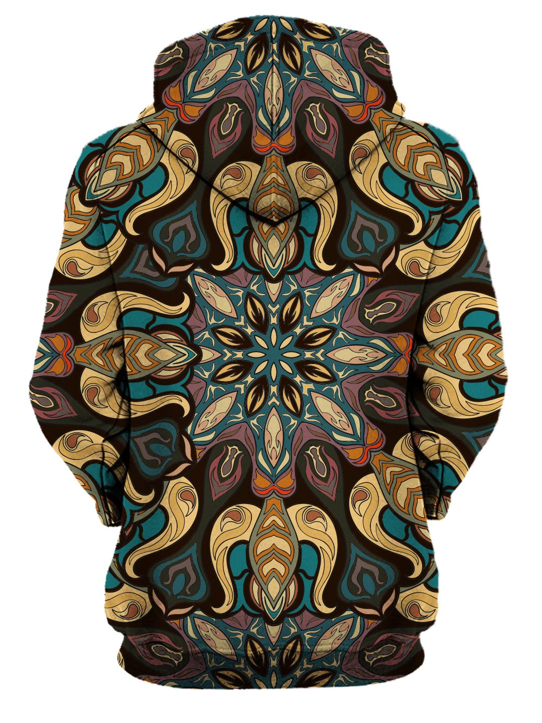 Rear of women's purple, yellow, blue, brown & black retro mandala hoody. 