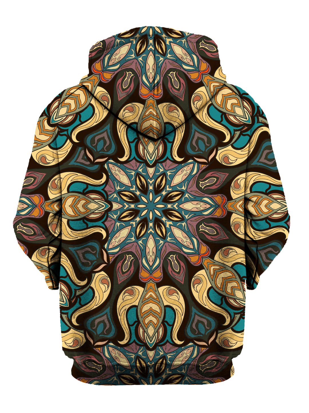 Back view of all over print psychedelic sacred geometry hoody. 