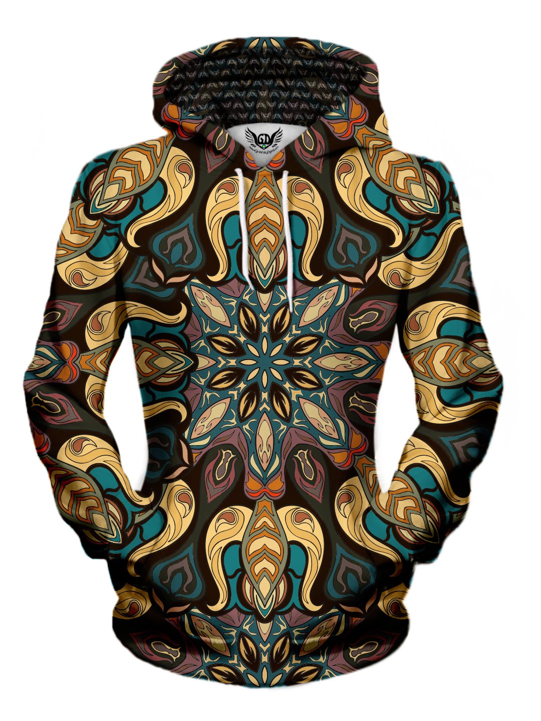 Women's front view of trippy retro mandala pullover hoodie.