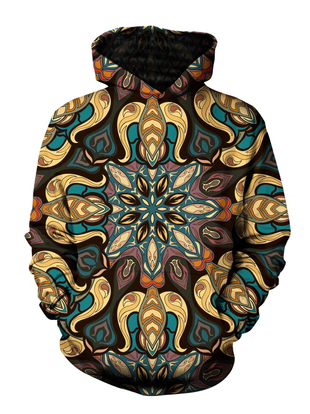 Men's purple, yellow, blue, brown & black retro mandala pullover hoodie front view.