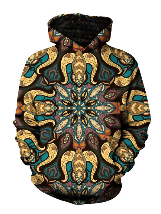 Men's purple, yellow, blue, brown & black retro mandala pullover hoodie front view.