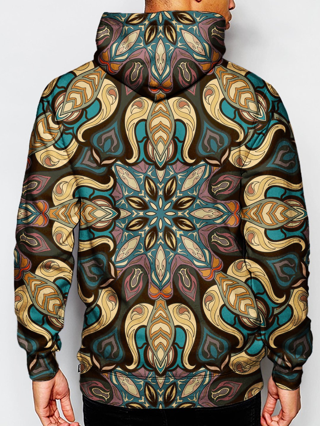 Model wearing GratefullyDyed Apparel psychedelic retro sacred geometry pullover hoodie.