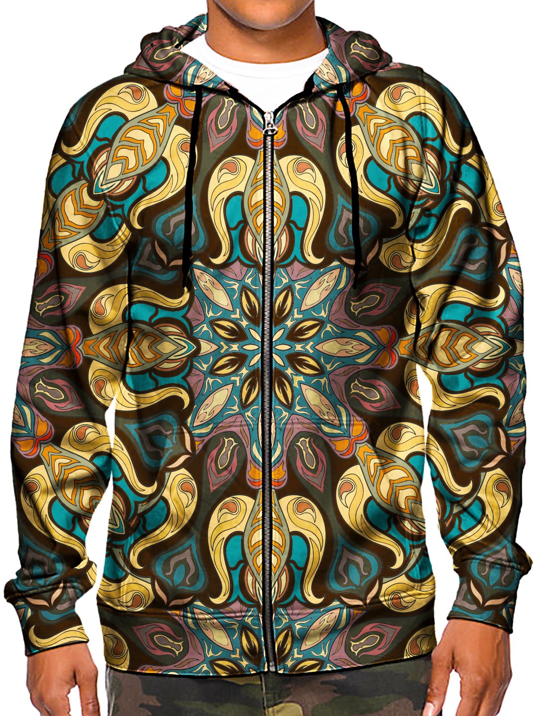 Model wearing GratefullyDyed Apparel psychedelic sacred geometry zip-up hoodie.